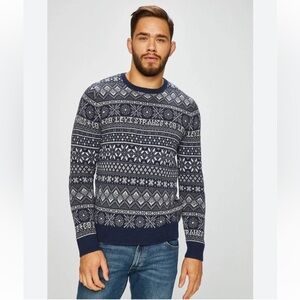 Levi’s Classic Fair Isle Holiday Sweater Navy Blue White Gray Size M